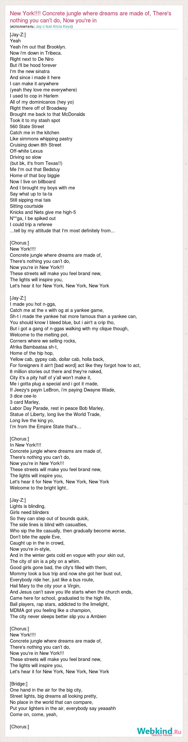 Текст песни New York!!!! Concrete jungle where dreams are made of