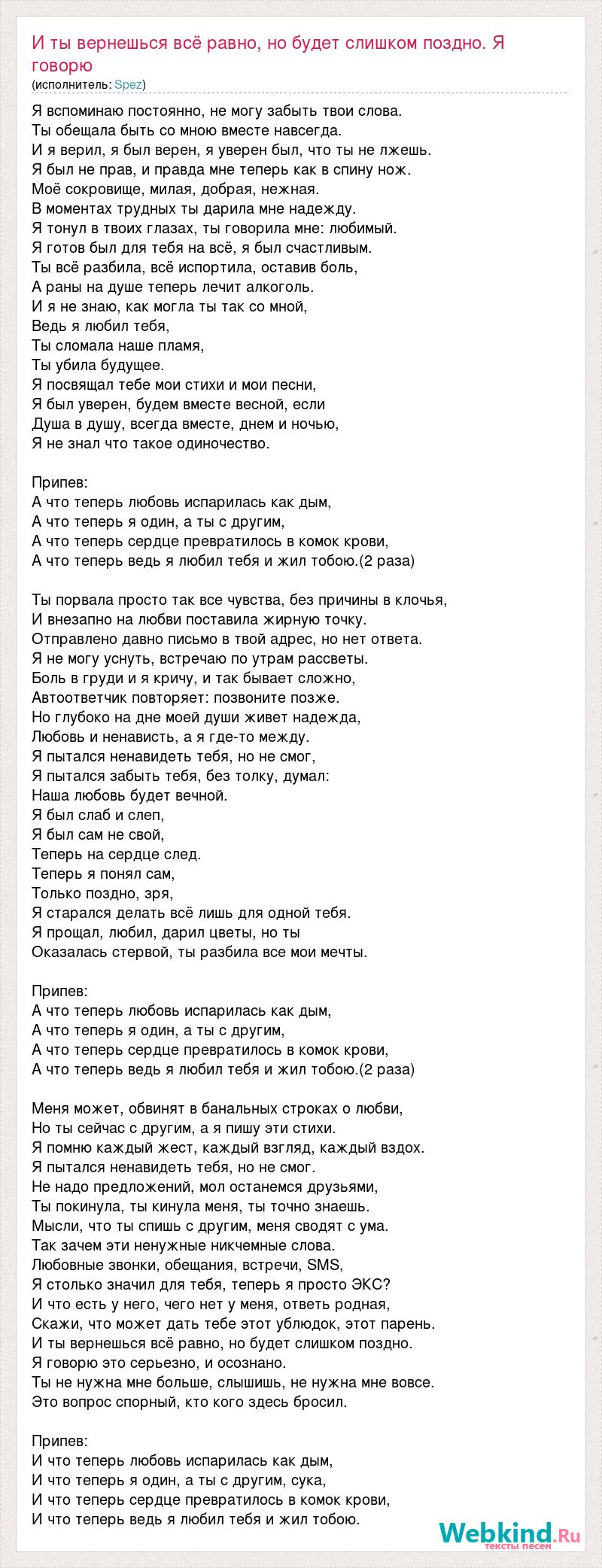 Текст песни И ты вернешься всё равно, но будет слишком поздно. Я говорю это  серьезно, и , слова песни