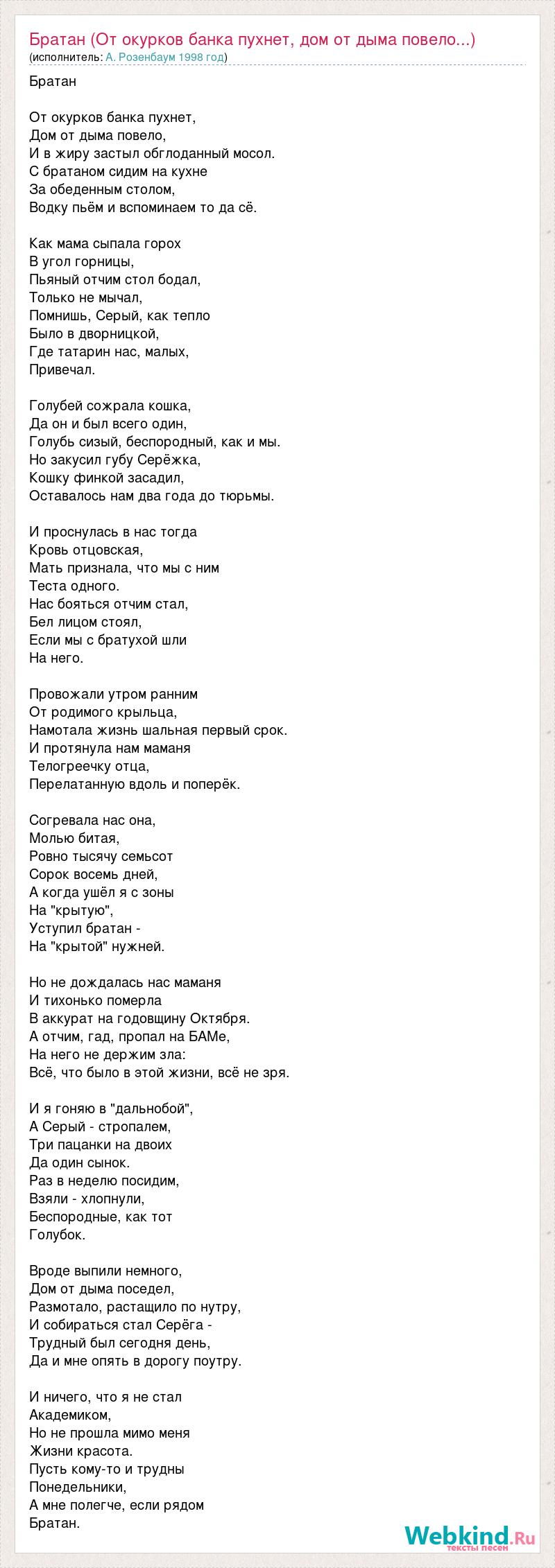 Текст песни Братан (От окурков банка пухнет, дом от дыма повело...), слова  песни