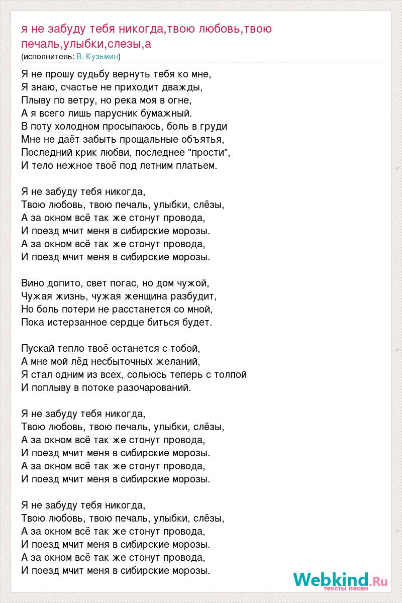 Текст песни Я не забуду тебя никогда,твою любовь,твою печаль,улыбки,слезы,а  за окном вс, слова песни