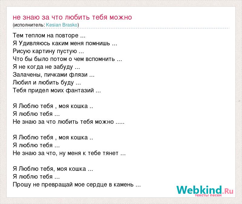 Песня я не знаю. Я люблю тебя не знаю за что любить тебя. Я люблю тебя моя кошка текст. Текст песни я люблю тебя но не знаю за что любить тебя можно. Песня со словами я тебя люблю.