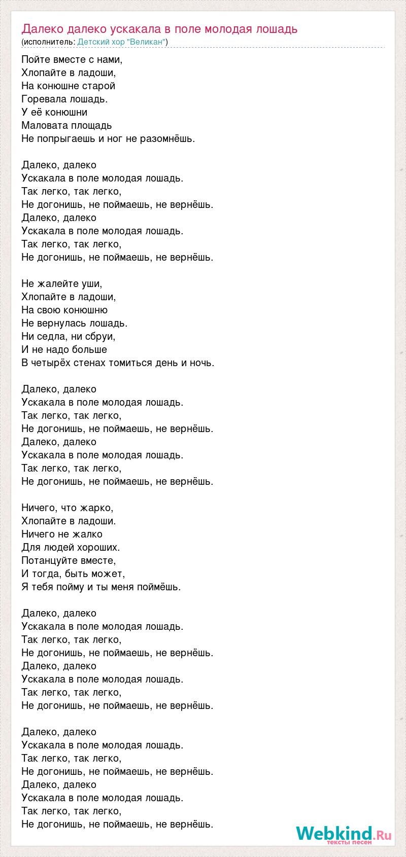Текст песни Далеко далеко ускакала в поле молодая лошадь, слова песни