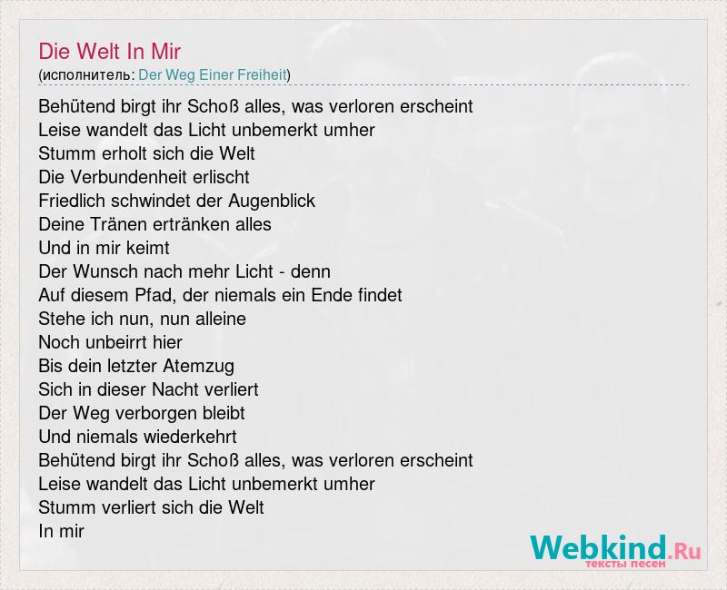 Текст песни Die Welt In Mir, слова песни